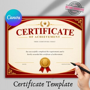 May include: A certificate of achievement template featuring a cream-coloured centre with dark red borders and gold decorative accents. The text reads Certificate of Achievement, This certifies that, has successfully completed the requirements and is hereby awarded this certificate of achievement, Date, and Signature.