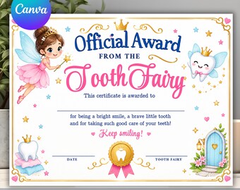Certificaat van de Tandenfee voor meisjes, bewerkbaar aandenken voor een verloren tand, direct te downloaden als PDF, 28 x 21,5 cm