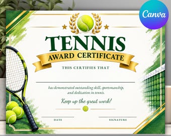 Tennis Award Certificate, Tennis Achievement Award, Sports Recognition, Printable Certificate, Editable Canva Template