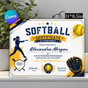 May include: A white softball certificate of achievement measuring 27.9 by 21.6 cm. It features navy blue and yellow graphics including a softball player silhouette, a yellow softball, a black glove, and text reading Softball Certificate of Achievement.