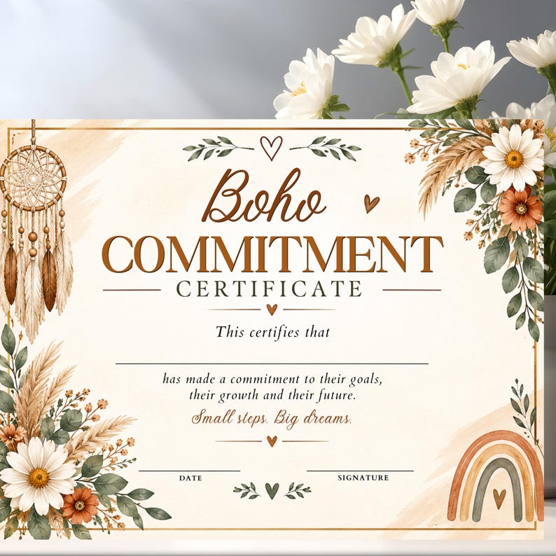 K&ouml;nnte beinhalten: Ein rechteckiges Verpflichtungszertifikat mit dem Text Boho COMMITMENT CERTIFICATE, This certifies that, has made a commitment to their goals, their growth and their future. Small steps. Big dreams. DATE und SIGNATURE. Verziert mit einem Traumf&auml;nger, G&auml;nsebl&uuml;mchen, Pampasgras und einem Regenbogen.