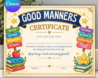 Bewerkbaar sjabloon voor een certificaat voor goede manieren, printbare leerlingprijs, erkenning voor klassikaal en thuisonderwijs (digitale download)