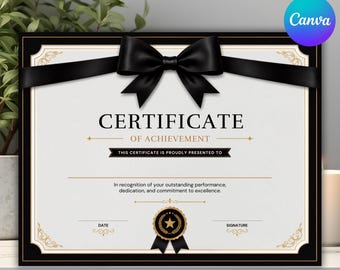 Black Bow Certificate Template, Editable Award Certificate, Printable Achievement Certificate, Elegant Canva Certificate, Instant Download