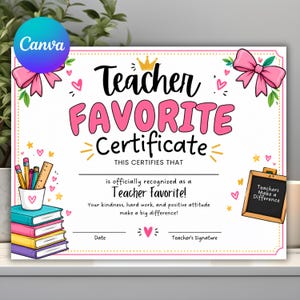 Może przedstawiać: Prostokątny certyfikat Teacher Favorite z białym tłem, różowymi kokardkami i żółtymi gwiazdkami. Zawiera stos kolorowych książek z ołówkami i linijką w kubku oraz małą tablicę z napisem Teachers Make a Difference.