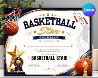 Custom Basketball Certificate Template, Editable Sports Award Certificate, MVP Coach Player Diploma, Canva Printable, PDF Digital Download