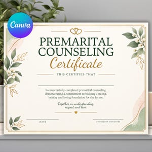 May include: A rectangular premarital counselling certificate with a cream background, dark green and gold text, and watercolour leaf illustrations on the sides. It features two interlocking hearts at the top and a small heart above the signature lines.
