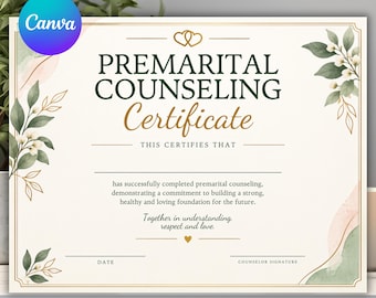 Bewerkbaar certificaat van voltooiing van premaritale counseling, Canva-certificaatsjabloon, certificaat voor voltooiing van counseling