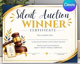 Sjabloon voor een winnaarscertificaat van een stille veiling, bewerkbaar veilingprijscertificaat, erkenning voor het winnende bod, printbaar evenementcertificaat
