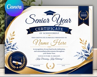 Senior Year Certificate Template, Editable Senior Award Certificate, Graduation Achievement Certificate, Class of 2026 Printable Award