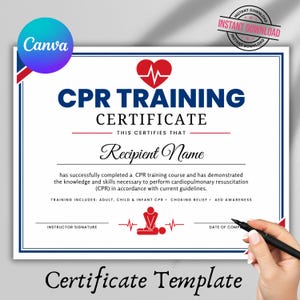 Peut inclure: Un modèle de certificat de formation en RCR avec une icône de cœur rouge et une ligne de pouls blanche, le texte CPR TRAINING CERTIFICATE, et des sections pour le nom, la signature et la date. Inclut une icône rouge de réanimation cardiaque.
