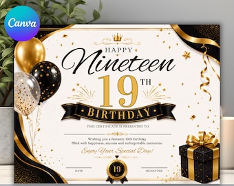 19th Birthday Certificate Template | Editable Black And Gold Birthday Award Certificate | Personalized Certificate | Digital Download
