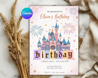 Disneyland verjaardagsuitnodiging, gelukkigste verjaardag op aarde-feestuitnodiging, themapark feest voor kinderen sjabloon (digitale download)