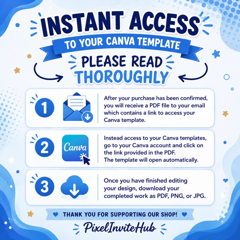 K&ouml;nnte beinhalten: Eine blau-wei&szlig;e Infografik mit dem Titel INSTANT ACCESS TO YOUR CANVA TEMPLATE. Sie zeigt drei Schritte: Erhalt einer PDF per E-Mail, Klicken auf den Link zum &Ouml;ffnen der Canva-Vorlage und Herunterladen des Designs als PDF, PNG oder JPG.