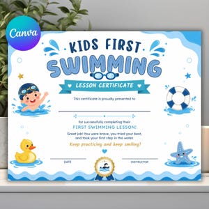 May include: A Kids First Swimming Lesson Certificate featuring blue text, a cartoon swimmer with goggles, a yellow rubber duck, a blue starfish, and a life preserver. The document includes lines for a name, date, and instructor signature.