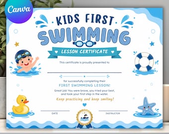 Swimming Certificate for Children Template, Editable Canva Swim Certificate, Printable Swimming Achievement Award, Digital Download