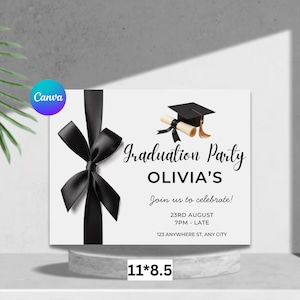 May include: White graduation party invitation with black ribbon, text, and a graduation cap illustration. The invitation includes the text "Graduation Party", "Olivia's", and event details. The card measures 11 x 8.5 inches.
