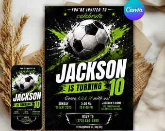 Sjabloon voetbalverjaardagsuitnodiging | Bewerkbare uitnodiging voetbalfeest voor kinderen | Afdrukbare 5 x 7 jongen verjaardagsuitnodiging | Digitale voetbaluitnodiging