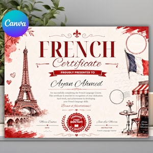 Peut inclure: Un certificat de langue française aux tons rouge et crème, illustré à l'aquarelle avec la tour Eiffel, un drapeau français et une scène de café. Le texte indique French Certificate, Ayan Ahmed et C'est bien fait.