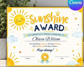 Sunshine Award Certificate Template, Editable Award Certificate, Printable Recognition Award, Digital Download, See Our Reviews