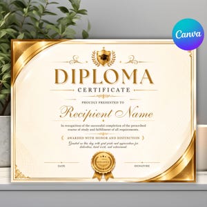 May include: A cream-coloured diploma certificate featuring gold borders, a gold shield icon with a graduation cap, and gold text that reads DIPLOMA CERTIFICATE, PROUDLY PRESENTED TO, Recipient Name, and a gold seal with the word EXCELLENCE.