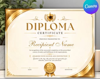 Bewerkbaar sjabloon voor een diploma, afdrukbaar certificaat van prestatie, schooldiploma, digitale download in 300 dpi.