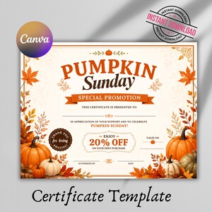 Pode incluir: Um modelo de certificado de promoção especial Pumpkin Sunday retangular com folhas de outono laranja e castanhas e abóboras. O texto diz Pumpkin Sunday, Special Promotion, This certificate is presented to, Enjoy 20% off on your next purchase.