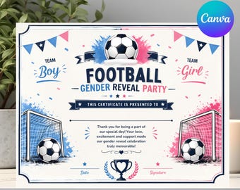 Football Gender Reveal Certificate Template | Editable Baby Reveal Award Certificate | Sports Theme Pregnancy Announcement |Instant Download
