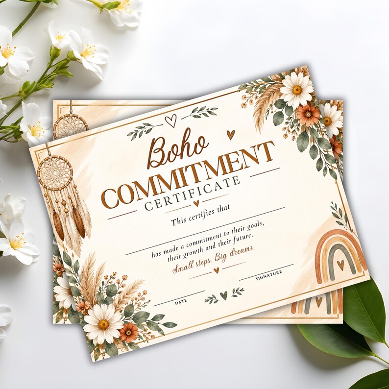 K&ouml;nnte beinhalten: Ein rechteckiges Zertifikat mit dem Text Boho COMMITMENT CERTIFICATE, This certifies that, has made a commitment to their goals, their growth and their future, Small steps. Big dreams, DATE und SIGNATURE, verziert mit G&auml;nsebl&uuml;mchen, Pampasgras, Traumf&auml;ngern und Regenb&ouml;gen.