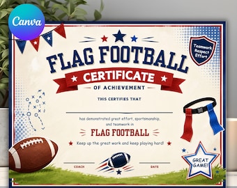 Sjabloon voor een flag football-certificaat, voetbalprijscertificaat, certificaat voor jeugdsport, printbare teamprijs, digitale download