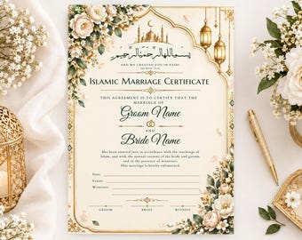 Modèle de certificat de mariage islamique (Nikkah) floral modifiable pour Canva, souvenir de mariage islamique (téléchargement numérique)