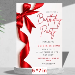 May include: A white invitation card with red text and a red ribbon design. The card reads "Join us for a Birthday Party" and includes event details. The card measures 5 x 7 inches.