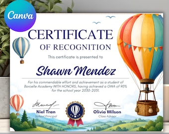 Hot Air Balloon Certificate Template, Editable Award Certificate, Printable Achievement Certificate, Instant Download, See our Reviews