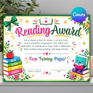 May include: A rectangular Reading Award certificate featuring a green bow, an open book, and floral accents. It includes the text Reading Award, Keep Turning Pages, and a stack of books labelled Read, Learn, Grow, Achieve with a red apple on top.
