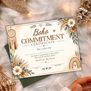K&ouml;nnte beinhalten: Ein rechteckiges Papier-Zertifikat mit der Aufschrift Boho Commitment Certificate in brauner Schrift. Es zeigt Illustrationen eines Traumf&auml;ngers, wei&szlig;er G&auml;nsebl&uuml;mchen, orangefarbener Blumen, gr&uuml;ner Bl&auml;tter und eines Regenbogens mit Linien f&uuml;r Unterschriften.