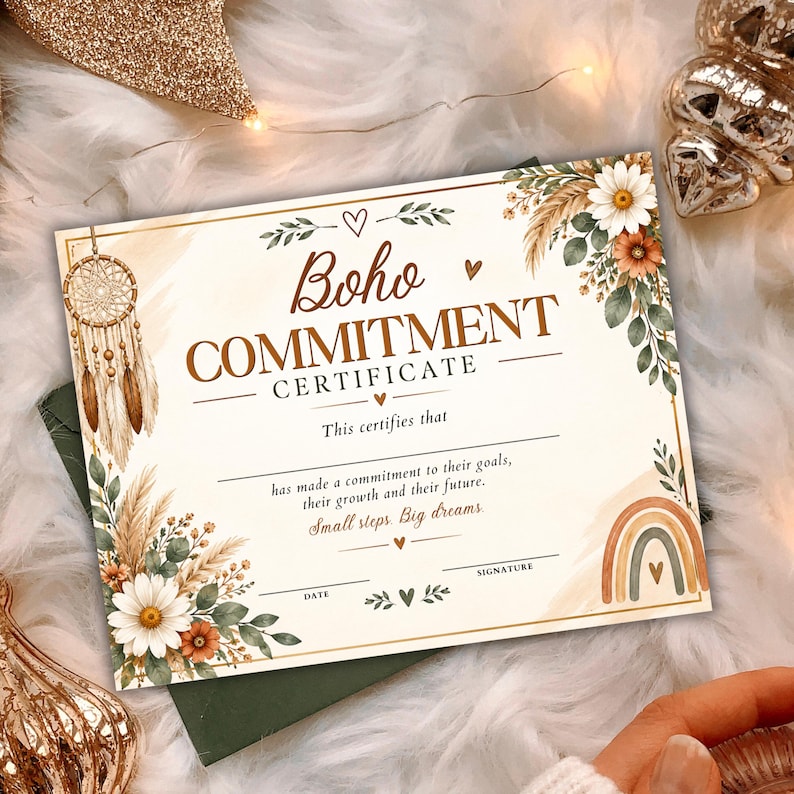 K&ouml;nnte beinhalten: Ein rechteckiges Papier-Zertifikat mit der Aufschrift Boho Commitment Certificate in brauner Schrift. Es zeigt Illustrationen eines Traumf&auml;ngers, wei&szlig;er G&auml;nsebl&uuml;mchen, orangefarbener Blumen, gr&uuml;ner Bl&auml;tter und eines Regenbogens mit Linien f&uuml;r Unterschriften.