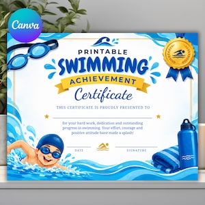 May include: A printable swimming achievement certificate featuring blue water graphics, a cartoon swimmer in goggles, a gold award seal, a blue water bottle, and a folded blue towel. The text reads Printable Swimming Achievement Certificate.