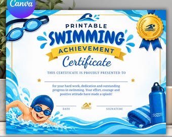 Printbaar zwemcertificaat, zwemprijs, sjabloon voor zwemcertificaat, bewerkbare sportprijs, direct te downloaden
