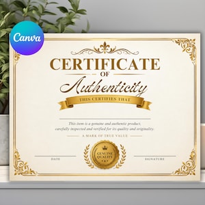 May include: A cream-coloured certificate of authenticity with gold decorative borders and text. The document features the words Certificate of Authenticity, This Certifies That, and a gold seal with the text Genuine Quality, with lines for date and signature.