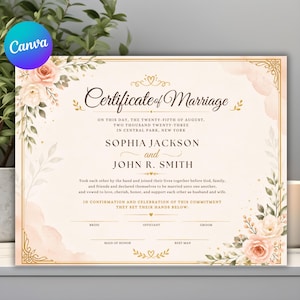 May include: A cream-coloured marriage certificate featuring the text Certificate of Marriage, Sophia Jackson and John R. Smith, and date August 25, 2023. The document is decorated with watercolour peach roses, green leaves, and gold border lines.