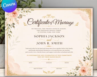Editable Certificate of Marriage Template, Canva Marriage Certificate, Printable Wedding Keepsake, Custom Wedding Award ,Digital Download