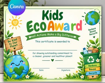Umweltpreis-Zertifikat für Kinder, bearbeitbare Auszeichnung für Umweltleistungen, Zertifikat für umweltfreundliche Schüler, Vorlage für die Anerkennung von umweltfreundlichem Lernen