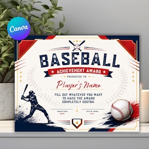 Può includere: Un certificato di premiazione per il baseball con uno schema di colori blu navy, rosso e crema. Il testo recita BASEBALL ACHIEVEMENT AWARD, PRESENTED TO: Player's Name, FILL OUT WHATEVER YOU WANT TO MAKE THE AWARD COMPLETELY CUSTOM, COACH'S NAME e DATE OF AWARD.