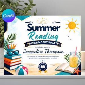 May include: A Summer Reading Award Certificate featuring a stack of books, a pencil holder, sunglasses, a beach ball, a glass of lemonade, and an open book. The text reads Summer Reading AWARD CERTIFICATE, Proudly Presented to Jacqueline Thompson.
