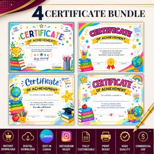 Op de afbeelding: Een bundel van vier kleurrijke prestatiecertificaten met illustraties van boeken, globes, sterren, regenbogen en potloden. Elk sjabloon bevat teksten zoals Certificate of Achievement, Keep shining en You are Amazing, met lege regels voor namen, datums en handtekeningen.