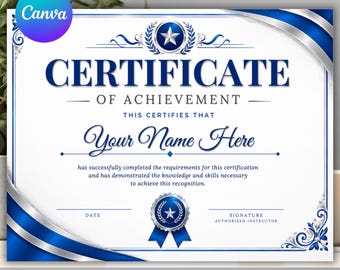 Modèle de certificat bleu argent, certificat de récompense modifiable, certificat de reconnaissance élégant, diplôme de remerciement imprimable