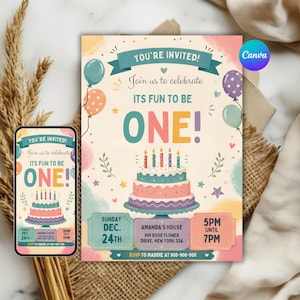 May include: A birthday invitation with the text "You're Invited!" and "Its Fun to be ONE!" features a colorful cake, balloons, and event details. The invitation is displayed on a phone screen and a larger printed version.