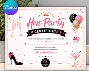Printable Hen Party Certificates, Hen Do Award Certificate Template, Funny Bridal Party Awards, Bachelorette Party , Instant Download
