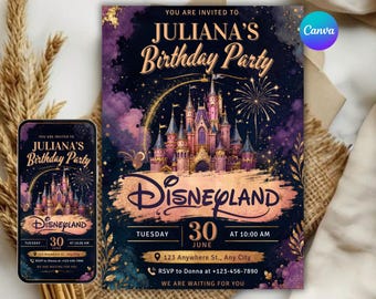 Disneyland verjaardagsuitnodiging, magische themapark verjaardagsuitnodiging, retro kasteel feestuitnodiging, pastel sprookje verjaardagsuitnodiging
