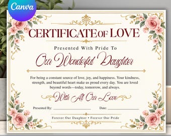 Printbaar cadeaucertificaat voor dochter, bewerkbare waarderingsprijs voor dochter, gepersonaliseerd familieherinnering, printbaar cadeaucertificaatsjabloon