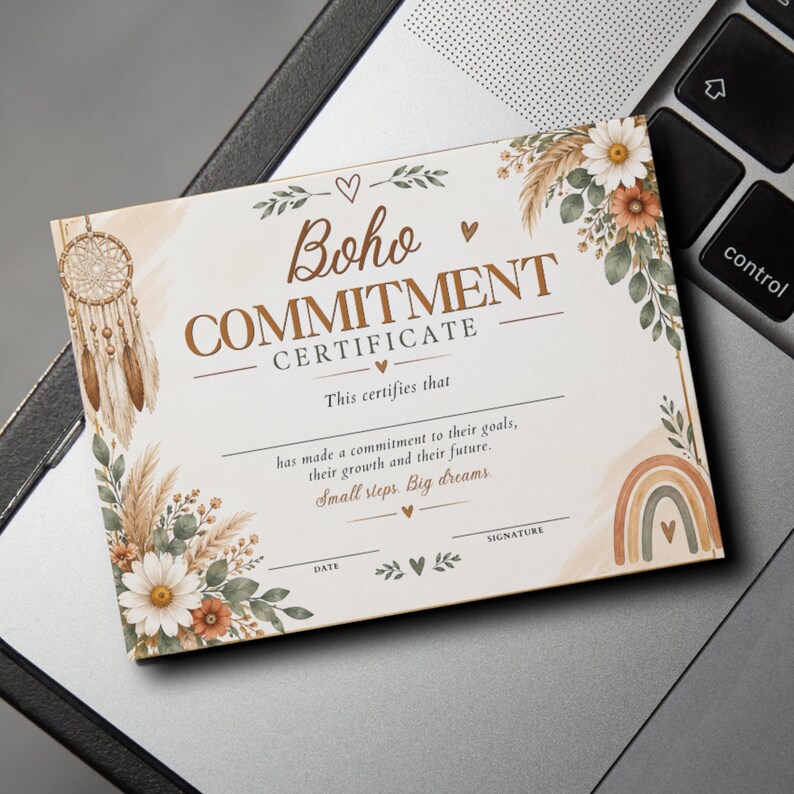 K&ouml;nnte beinhalten: Ein rechteckiges Zertifikat mit dem Titel Boho Commitment Certificate, verziert mit Blumen, einem Traumf&auml;nger und einem Regenbogen. Der Text lautet: This certifies that has made a commitment to their goals, their growth and their future. Small steps. Big dreams.